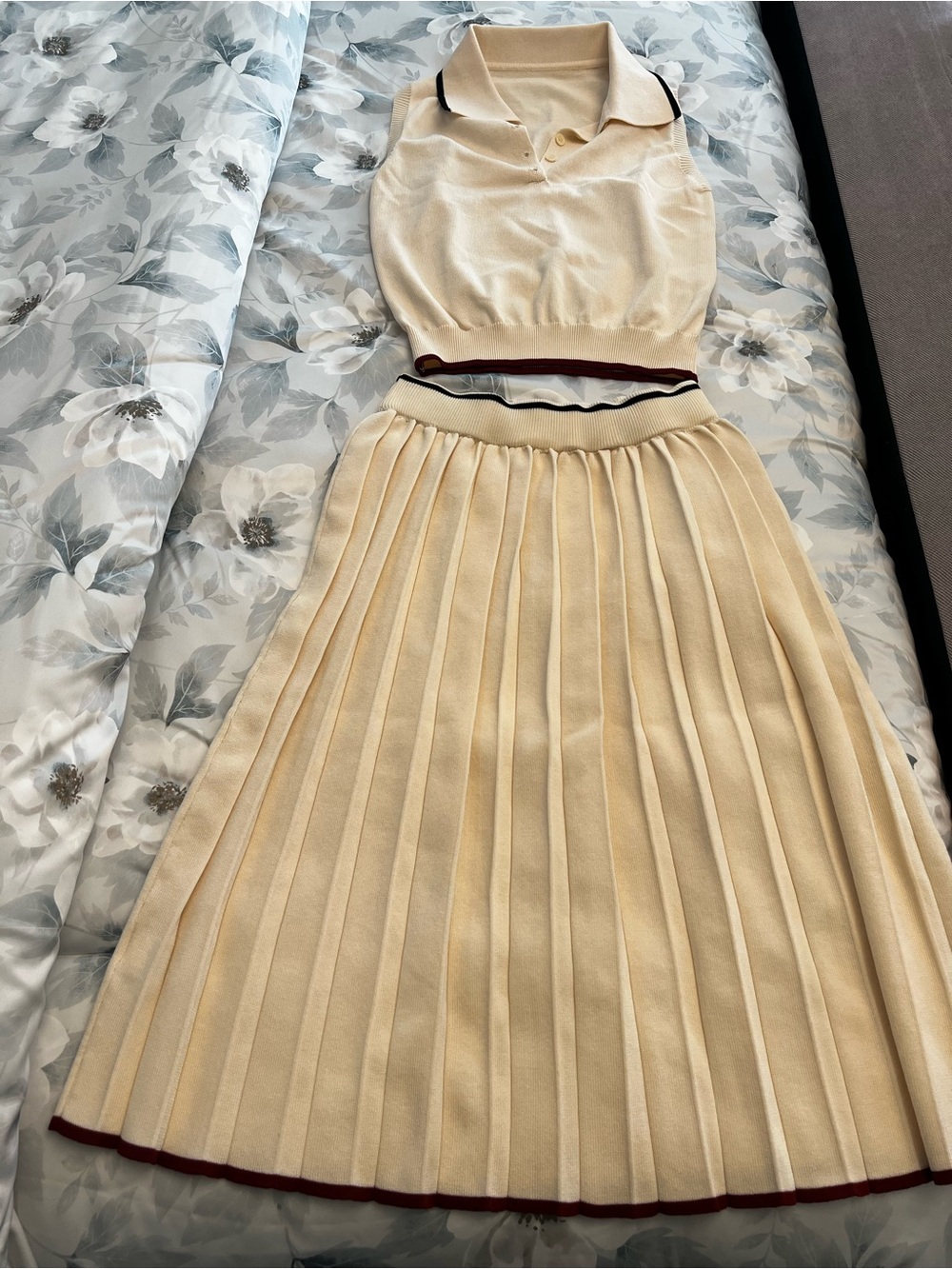 Cream Pleated Midi Skirt - with red trim and matching crop top
